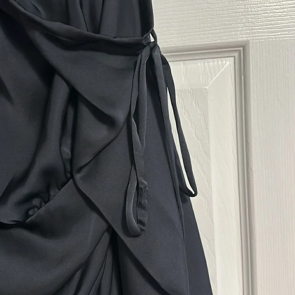 RAMY BROOK Louisa Long Sleeve Black One Shoulder Satin Mini Cocktail Dress Siz 4